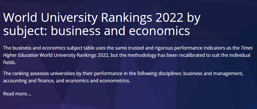 THE泰晤士高等教育官网公布了有新的学科排名：商业与经济学